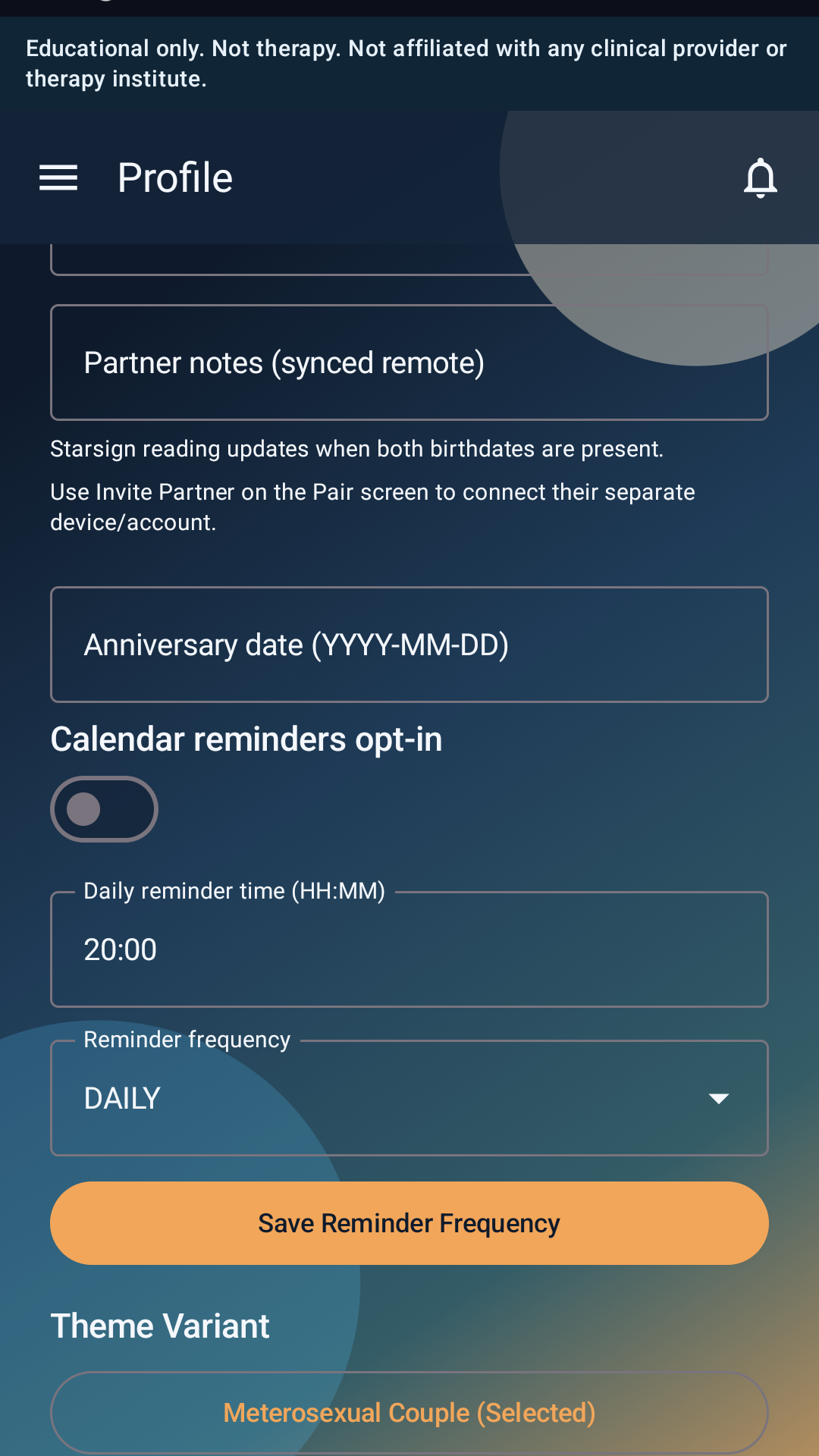 Illustrative app preview of partner linking and sharing controls.
