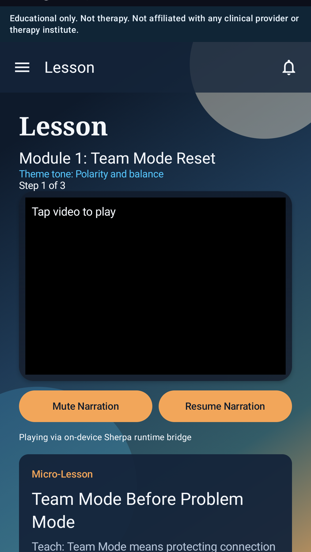 Illustrative app preview of Module 1, Team Mode Reset.